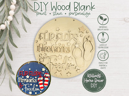 4th of July Door Hanger Wood Blank | Flip Flops Fireworks Unfinished Patriotic Craft Kit | Independence Day DIY Paint Party Sign Decor