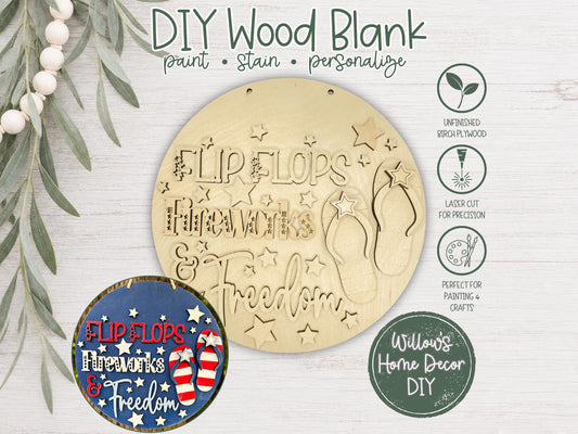 4th of July Door Hanger Wood Blank | Flip Flops Fireworks Unfinished Patriotic Craft Kit | Independence Day DIY Paint Party Sign Decor