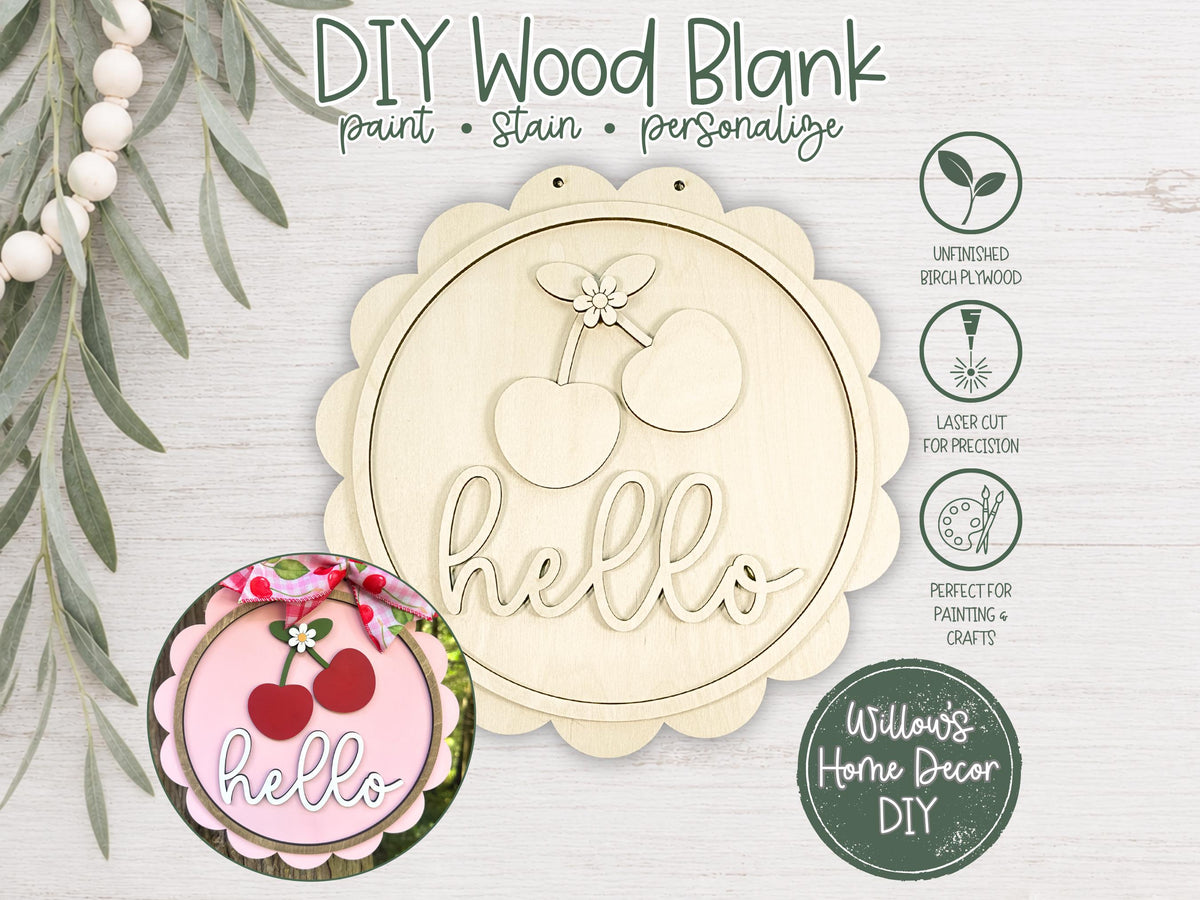 Cherry Door Hanger Unfinished Wood Blank | Summer Porch Decor | Paint Party Kit | Laser Cut DIY Craft Supply Gift