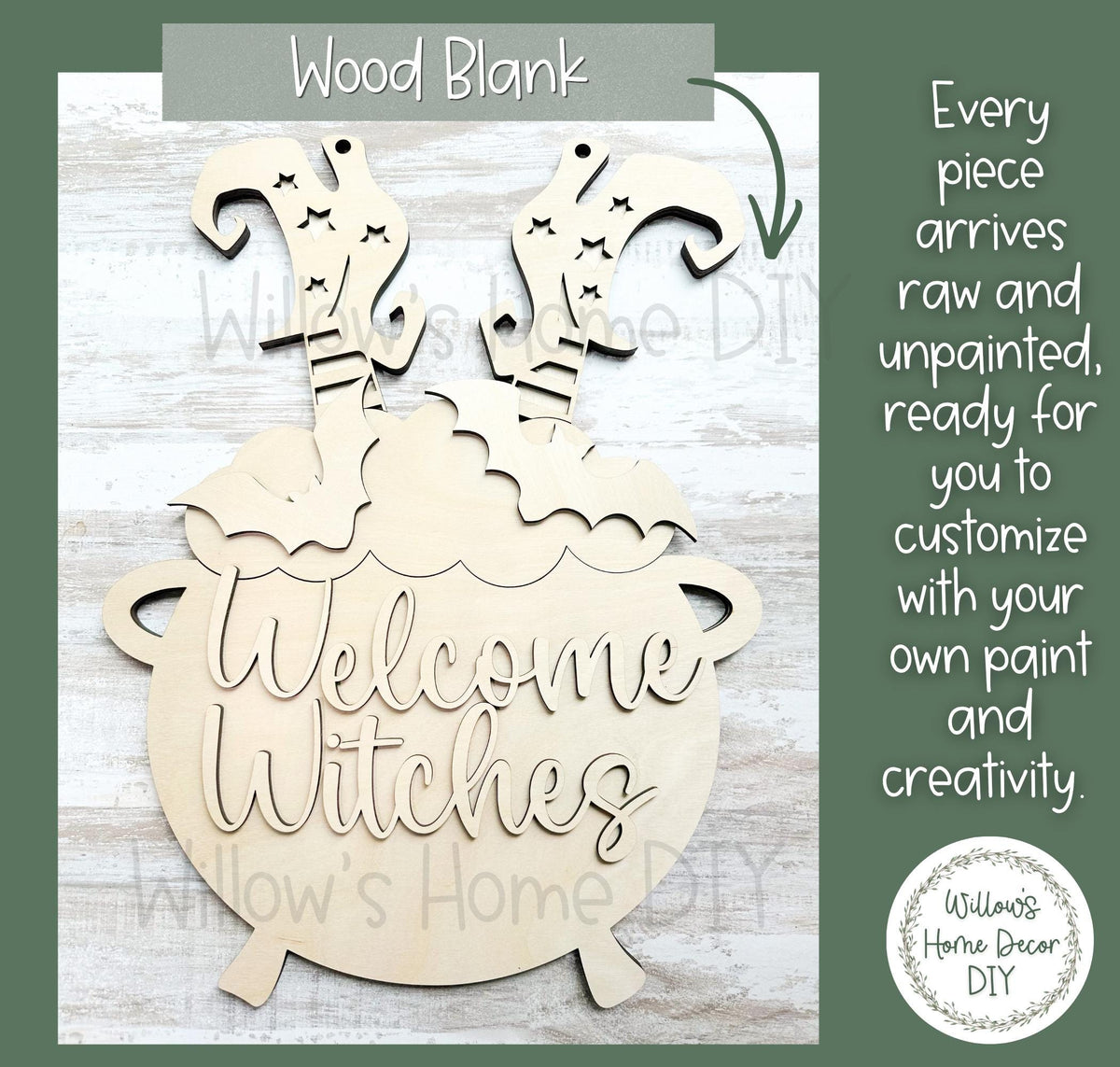 Halloween Door Hanger DIY Kit - Welcome Witches Wood Blank - Unfinished Wood Sign - Witch Cauldron Bats Decor - Halloween Craft Kit