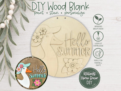 Hello Summer Goose Door Hanger Wood Blank | Unfinished Birch DIY Sign | Summer Porch Decor | Grandmacore Gift