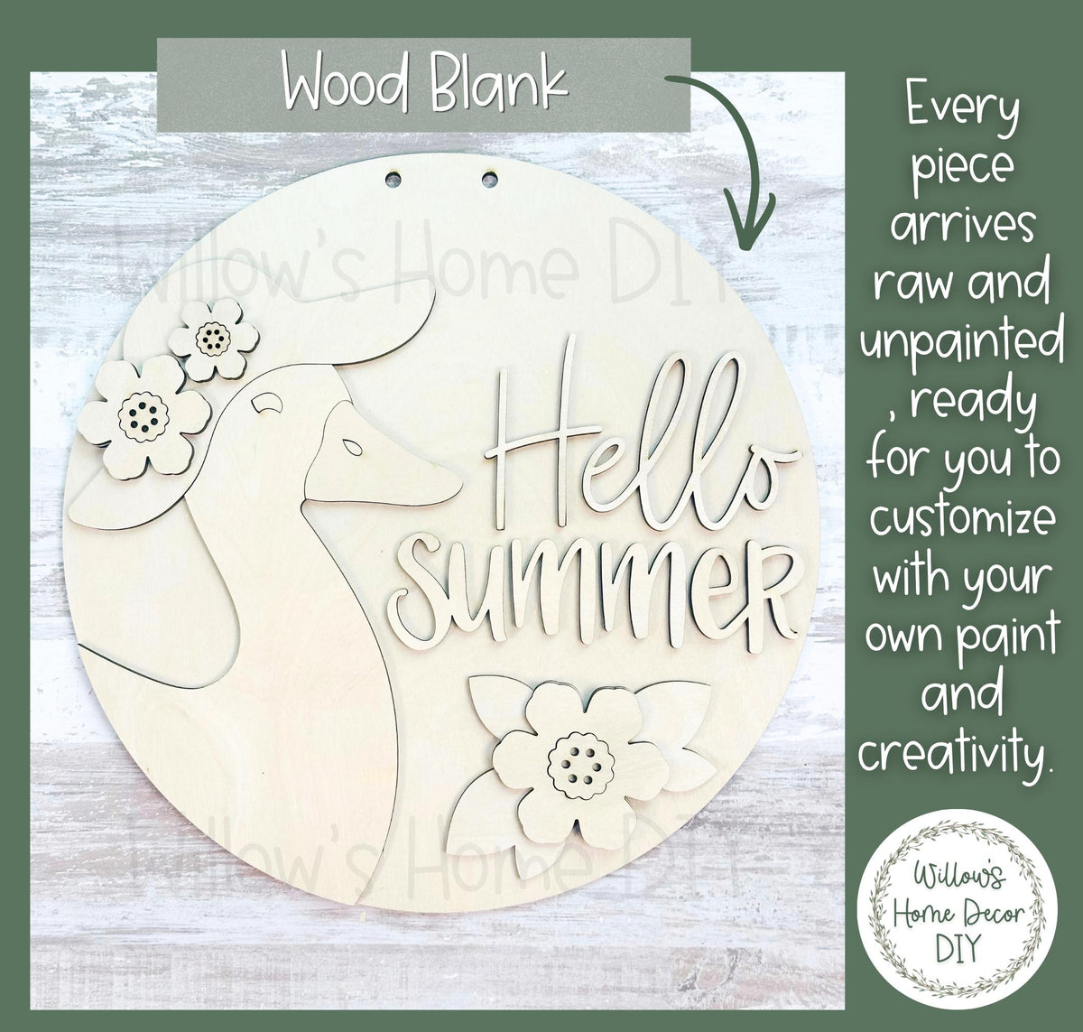 Hello Summer Goose Door Hanger Wood Blank | Unfinished Birch DIY Sign | Summer Porch Decor | Grandmacore Gift