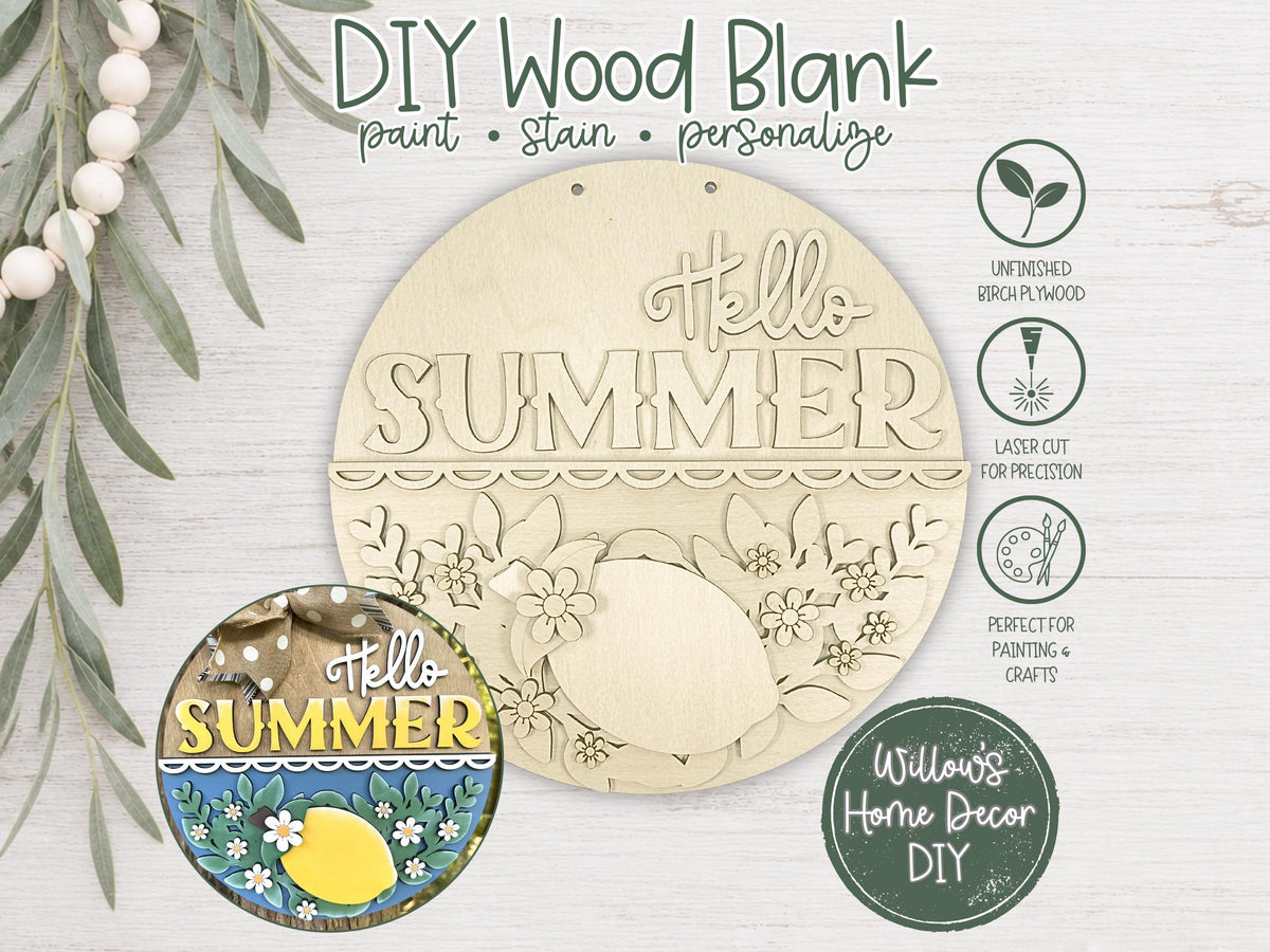 Lemon Door Hanger Unfinished Wood Blank, DIY Summer Porch Decor, Paint Party Supply, Wood Craft Kit, Laser Cut Blank for Painting