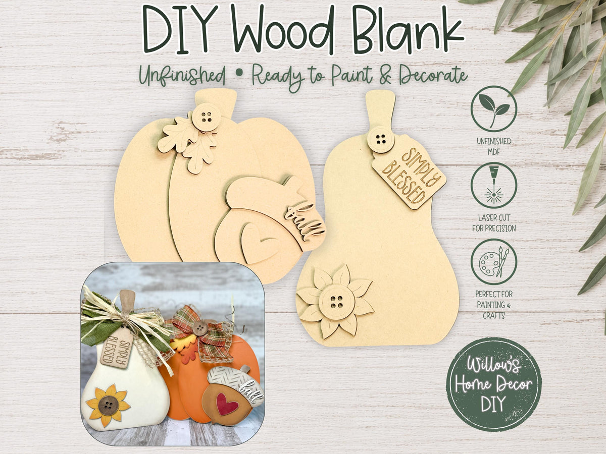 DIY Pumpkin Gourd Shelf Sitters | Unfinished Wood Blanks | Fall Decor Craft Kit | Laser Cut MDF Blanks to Paint | Ready to Paint Fall Decor