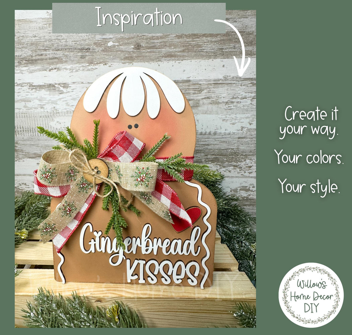 Gingerbread Kisses Shelf Sitter DIY Wood Blank | Unfinished Christmas Gingerbread Decor | Laser Cut MDF Craft Blank | Paint Your Own