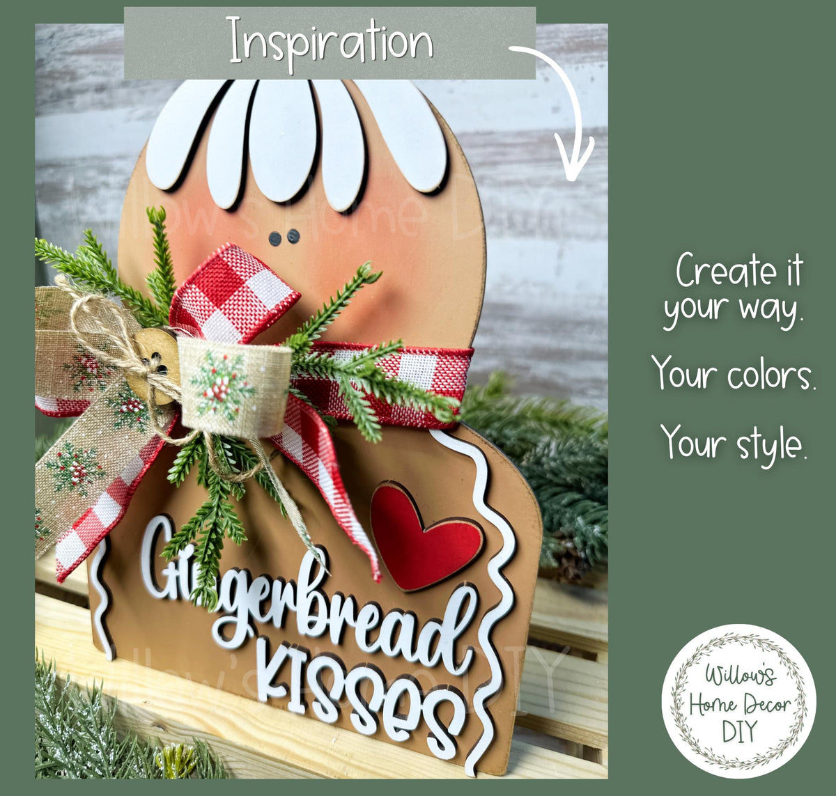 Gingerbread Kisses Shelf Sitter DIY Wood Blank | Unfinished Christmas Gingerbread Decor | Laser Cut MDF Craft Blank | Paint Your Own