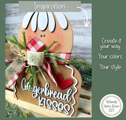 Gingerbread Kisses Shelf Sitter DIY Wood Blank | Unfinished Christmas Gingerbread Decor | Laser Cut MDF Craft Blank | Paint Your Own