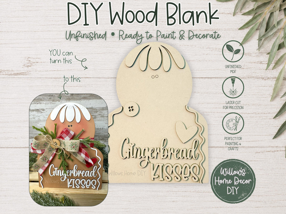 Gingerbread Kisses Shelf Sitter DIY Wood Blank | Unfinished Christmas Gingerbread Decor | Laser Cut MDF Craft Blank | Paint Your Own