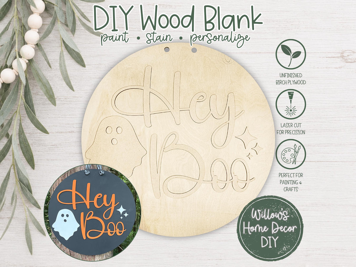 Hey Boo Halloween Door Hanger Kit - Unfinished Wood Blank - Ghost Spooky Decor - DIY Craft Kit Gift