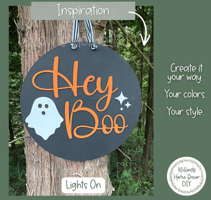 Hey Boo Halloween Door Hanger Kit - Unfinished Wood Blank - Ghost Spooky Decor - DIY Craft Kit Gift