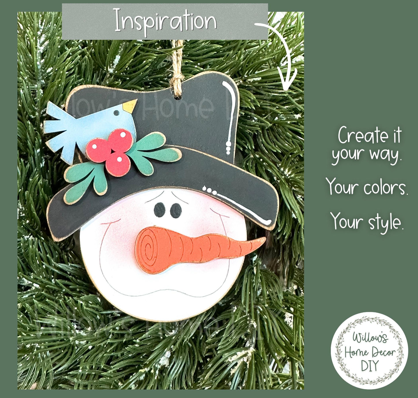 Unfinished Snowman Ornament Wood Blank | Christmas DIY Paint Kit | Layered MDF Craft Blank with Top Hat & Bird