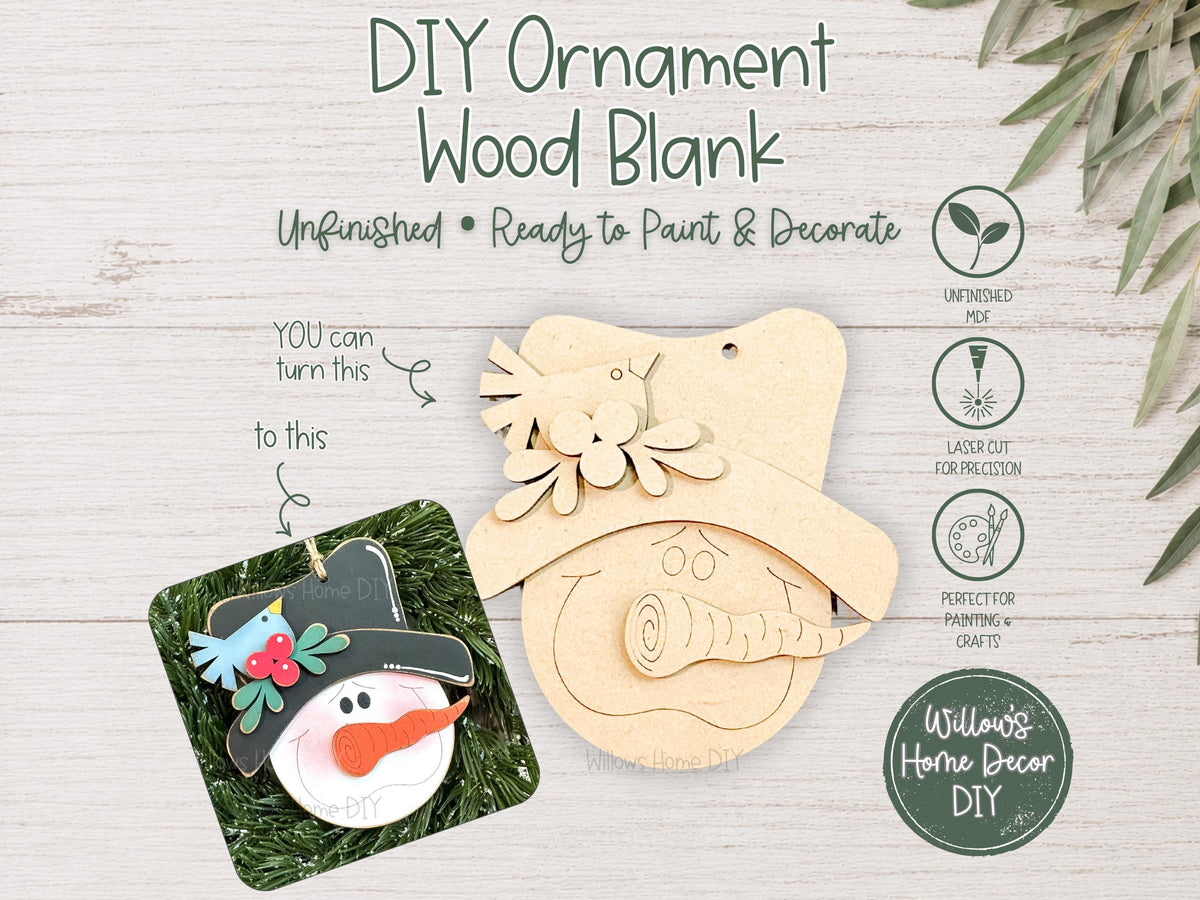 Unfinished Snowman Ornament Wood Blank | Christmas DIY Paint Kit | Layered MDF Craft Blank with Top Hat & Bird