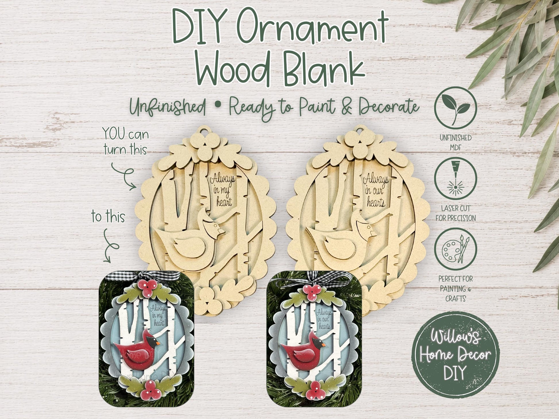 Cardinal Memorial Ornament Wood Blank | Christmas DIY Paint Kit | Layered MDF Craft Blank | Sympathy Gift In Memory Of
