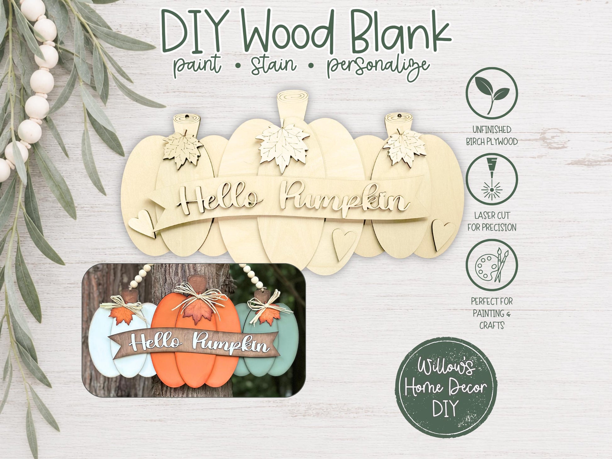 Hello Pumpkin Wood Door Hanger DIY Kit - Unfinished Wood Craft Kit - Fall Porch Decor - Paint Your Own - Adult Kid Craft Activity