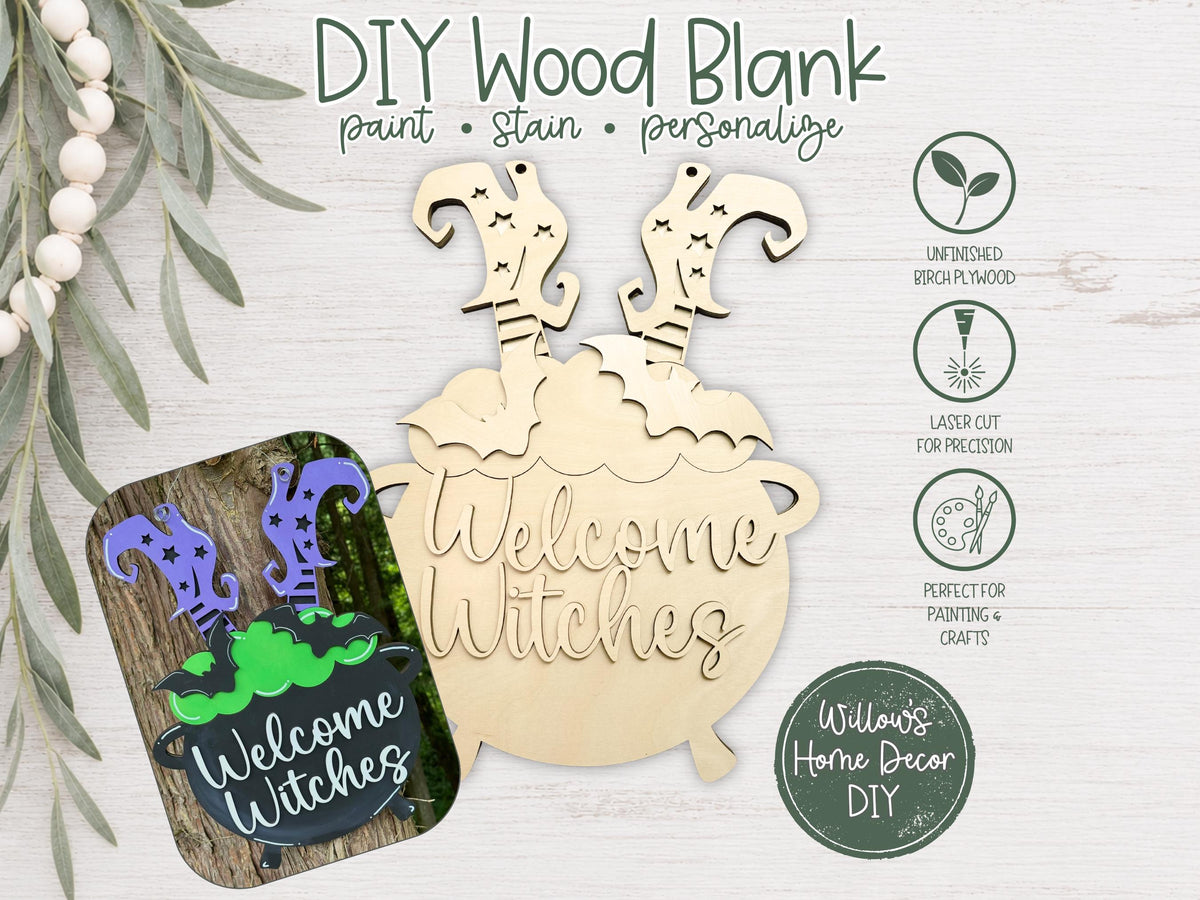 Halloween Door Hanger DIY Kit - Welcome Witches Wood Blank - Unfinished Wood Sign - Witch Cauldron Bats Decor - Halloween Craft Kit