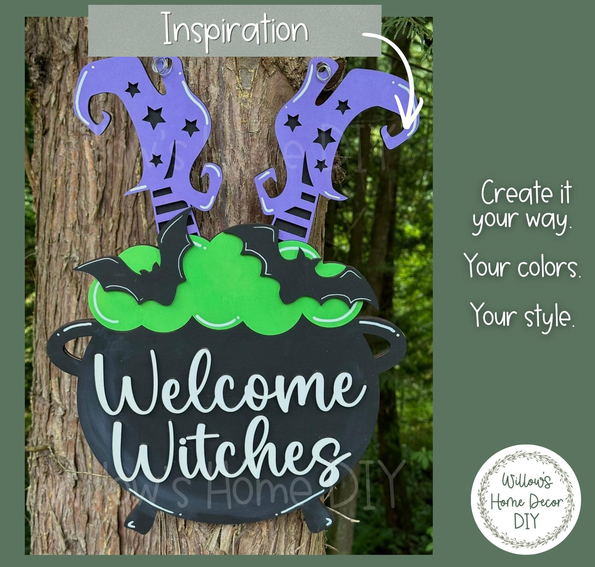 Halloween Door Hanger DIY Kit - Welcome Witches Wood Blank - Unfinished Wood Sign - Witch Cauldron Bats Decor - Halloween Craft Kit