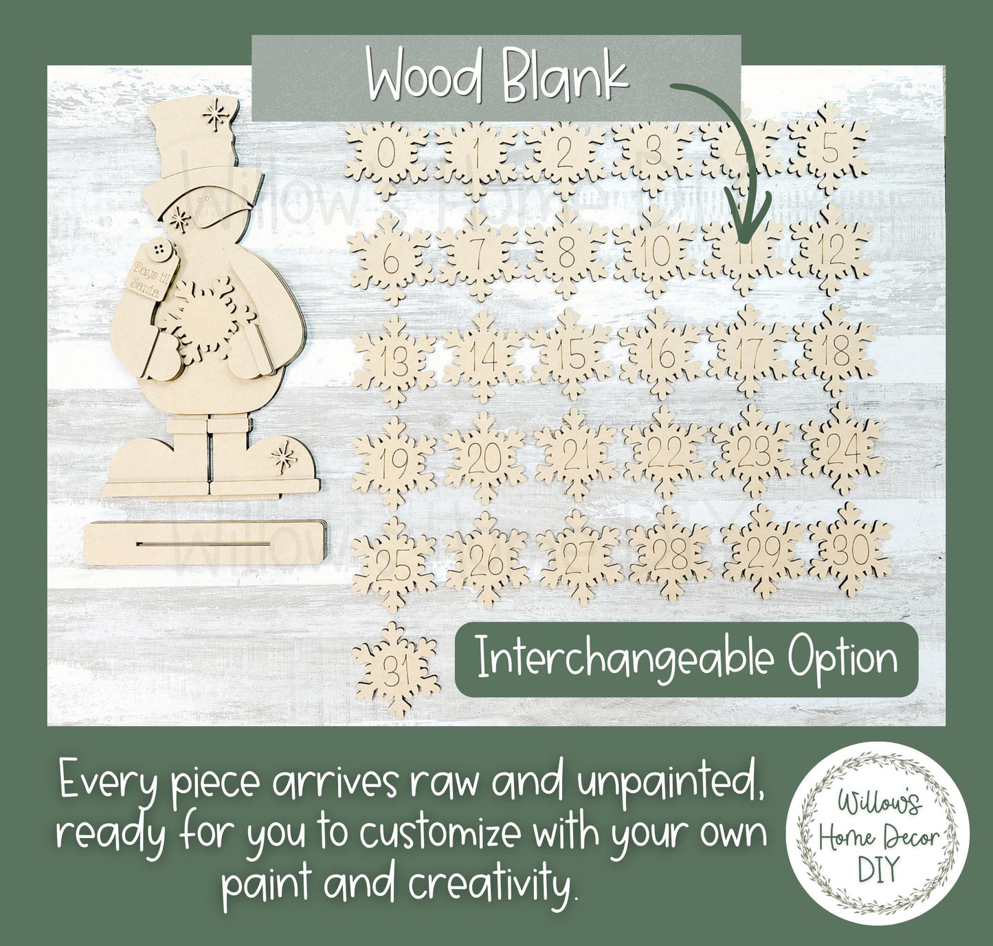 Snowman Countdown to Christmas Wood Blank | DIY Unfinished Shelf Sitter | Interchangeable Advent Calendar | Paint Your Own Decor