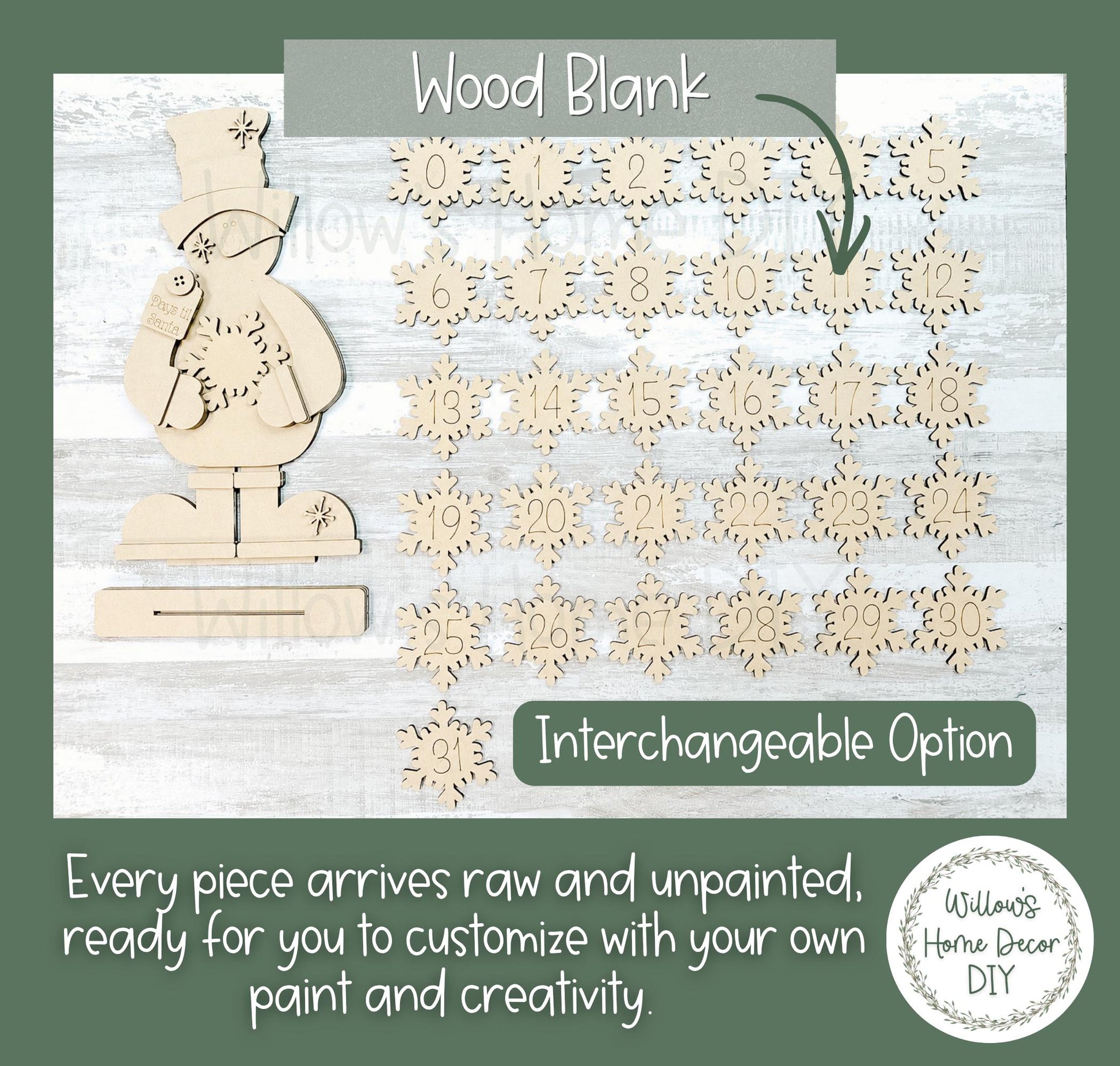 Snowman Countdown to Christmas Wood Blank | DIY Unfinished Shelf Sitter | Interchangeable Advent Calendar | Paint Your Own Decor