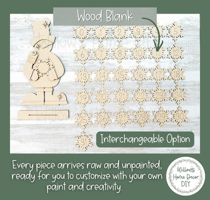Snowman Countdown to Christmas Wood Blank | DIY Unfinished Shelf Sitter | Interchangeable Advent Calendar | Paint Your Own Decor