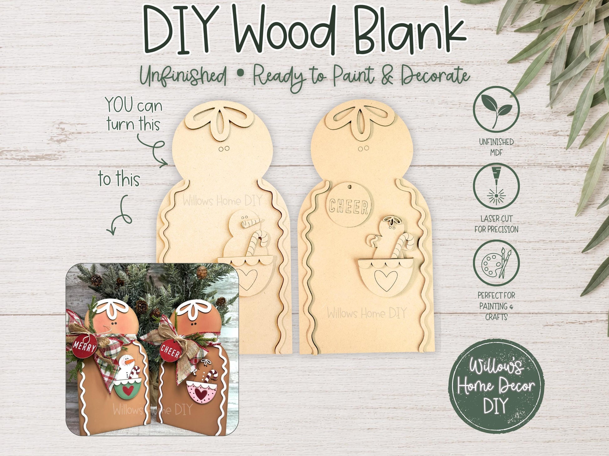 Gingerbread Shelf Sitter DIY Wood Blank | Unfinished Christmas Snowman Decor | Unfinished Paint Your Own