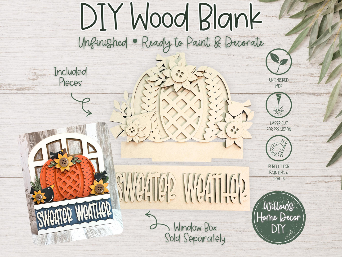 Fall Pumpkin Window Box Insert | Unfinished Wood Blank | Interchangeable Seasonal Decor | DIY Craft Kit | Cottagecore Home Decor