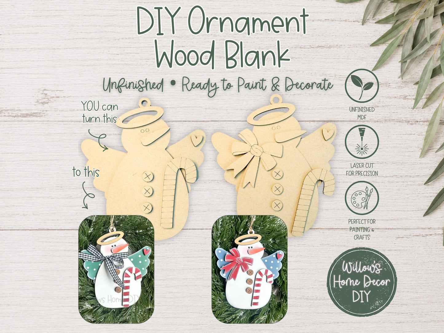 Snowman Angel Ornament Wood Blank | DIY Unfinished Christmas Craft | Laser Cut MDF Craft Blank