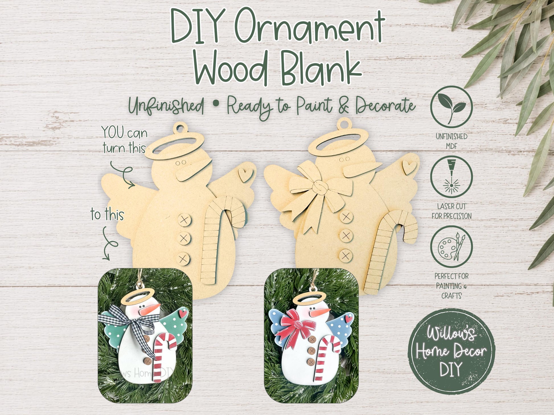 Snowman Angel Ornament Wood Blank | DIY Unfinished Christmas Craft | Laser Cut MDF Craft Blank
