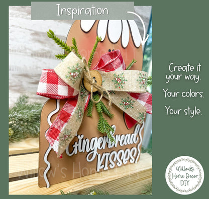 Gingerbread Kisses Shelf Sitter DIY Wood Blank | Unfinished Christmas Gingerbread Decor | Laser Cut MDF Craft Blank | Paint Your Own