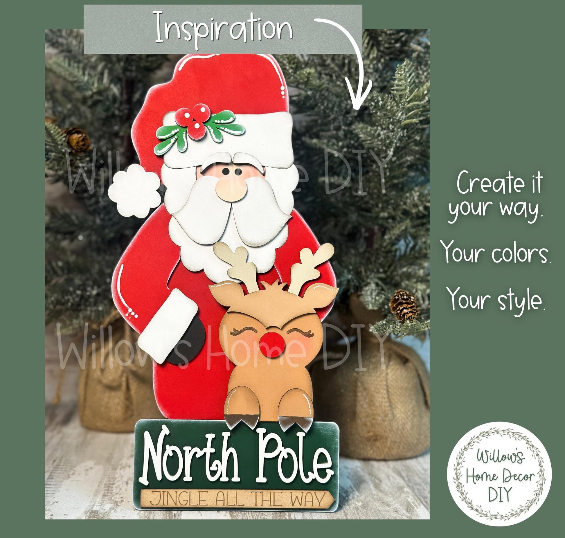 Santa and Reindeer Shelf Sitter DIY Kit | Unfinished North Pole Decor Wood Blank | Paint Your Own Sign | Farmhouse Mantle Decoration