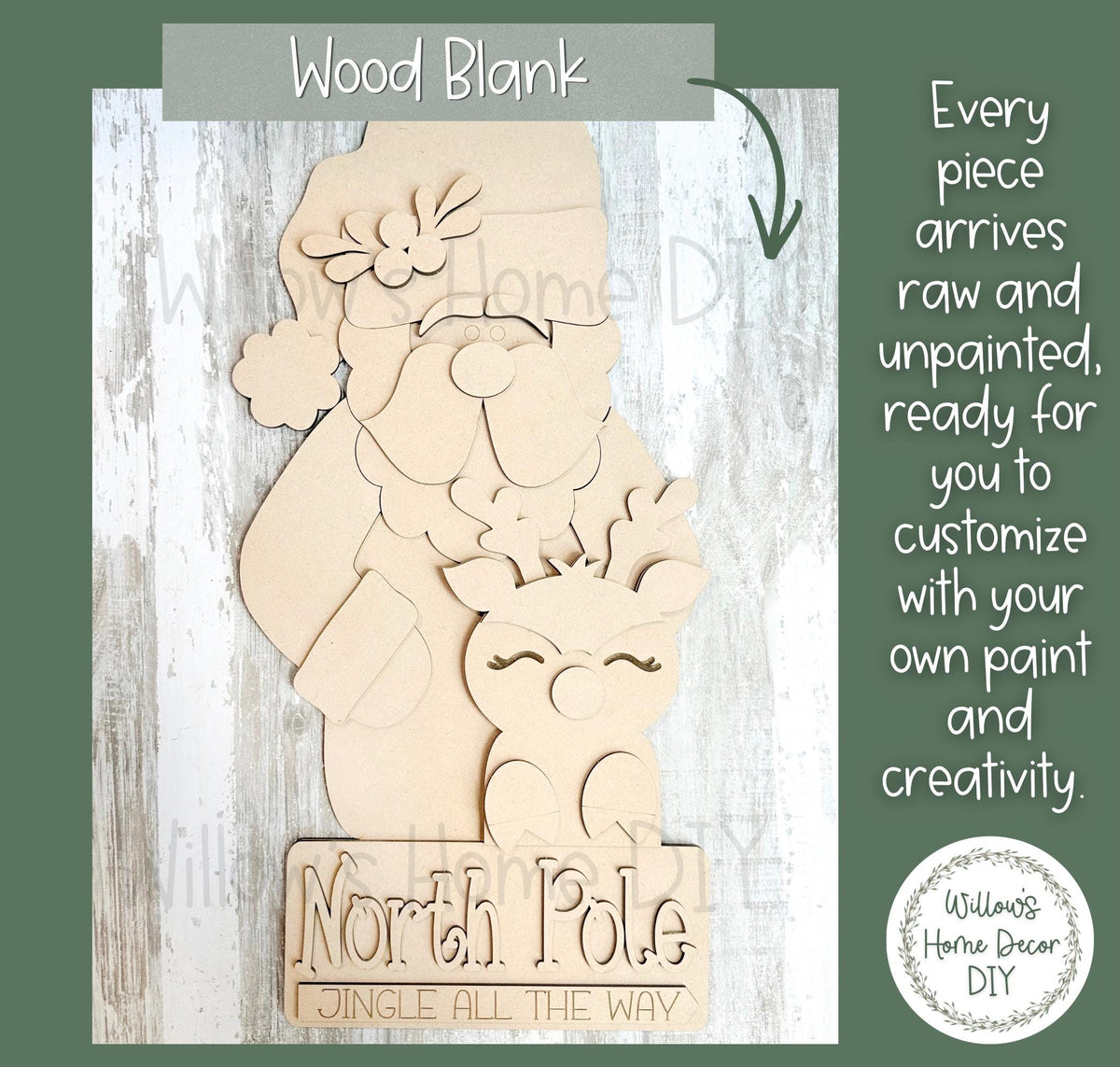 Santa and Reindeer Shelf Sitter DIY Kit | Unfinished North Pole Decor Wood Blank | Paint Your Own Sign | Farmhouse Mantle Decoration