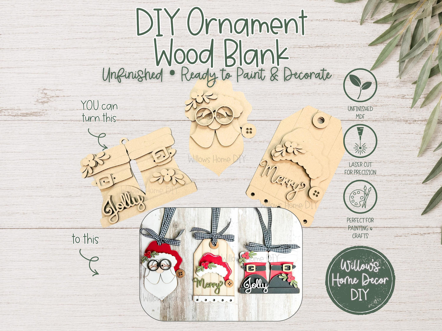 Christmas Ornament Wood Blank | DIY Unfinished Christmas Craft | Santa Boots | Laser Cut MDF Craft Blank
