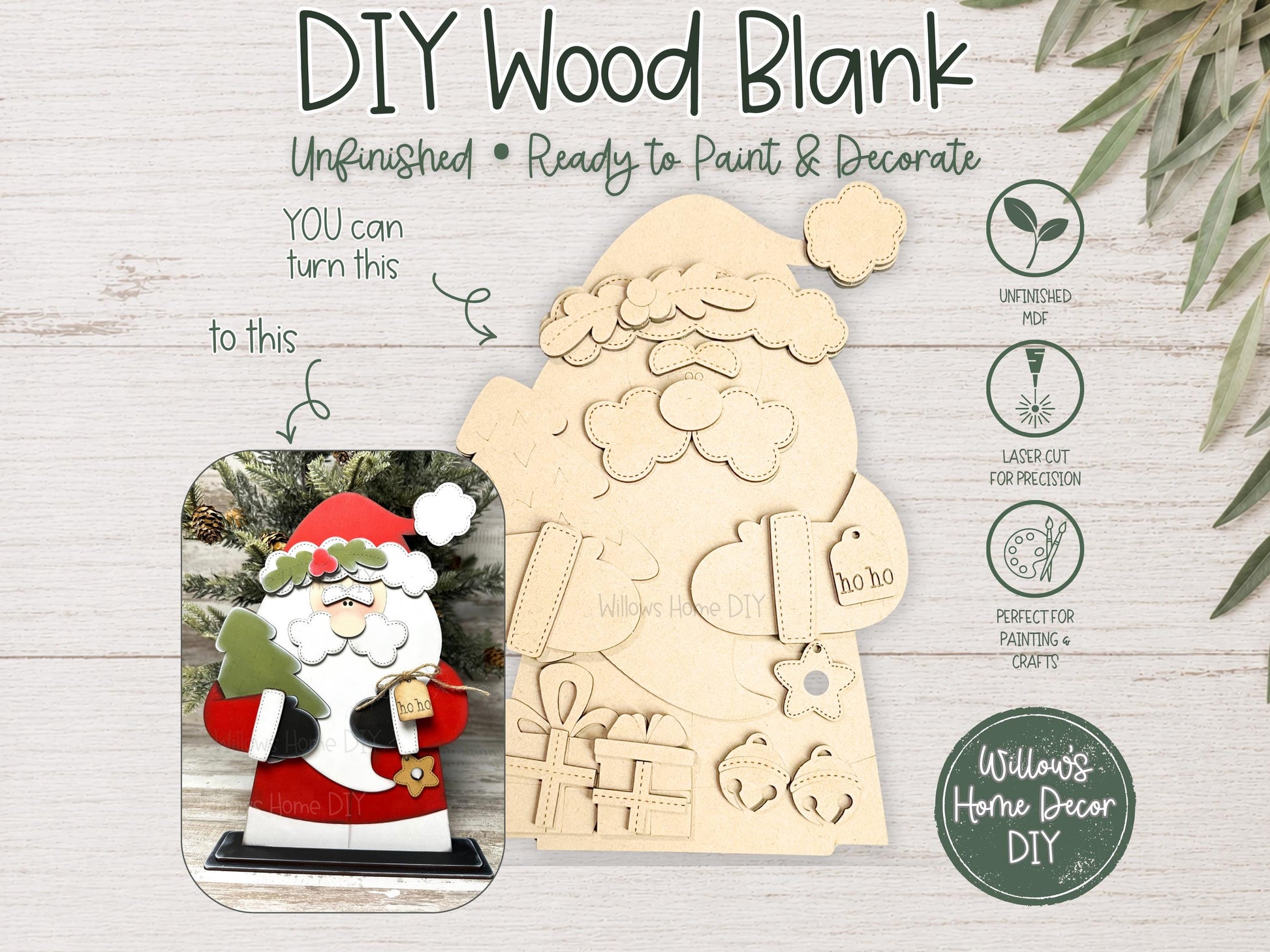 Santa Shelf Sitter DIY Wood Blank | Unfinished Christmas Decor | Paint Your Own | Lighted Sign