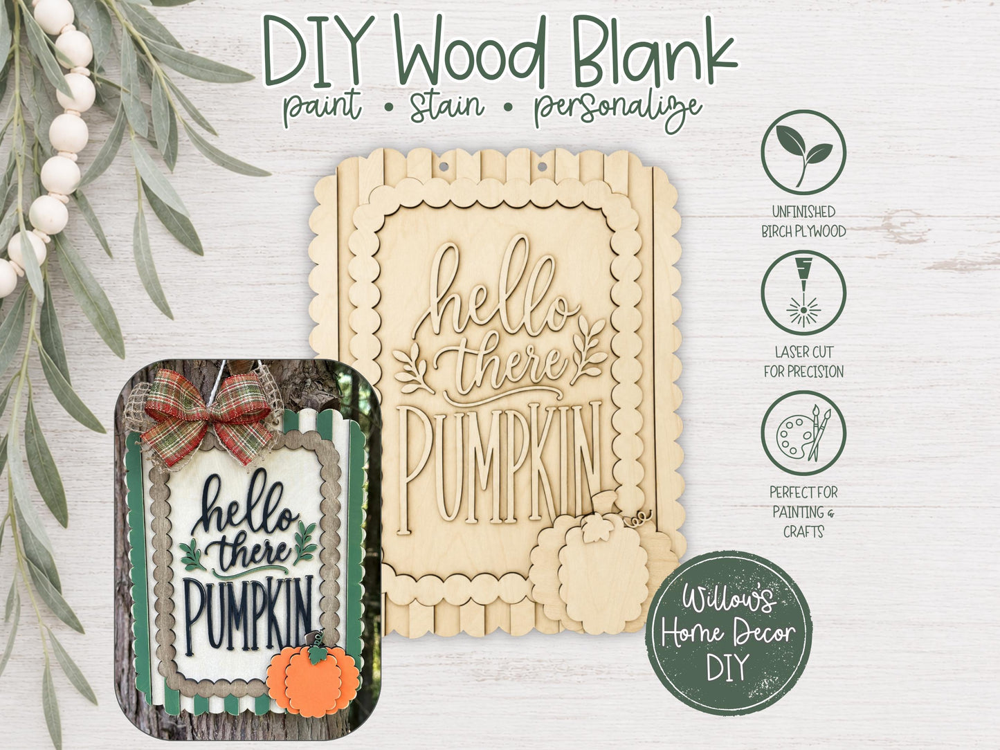 Hello There Pumpkin Door Hanger DIY Kit | Unfinished Wood Paint Your Own Porch Sign | Scalloped Sign