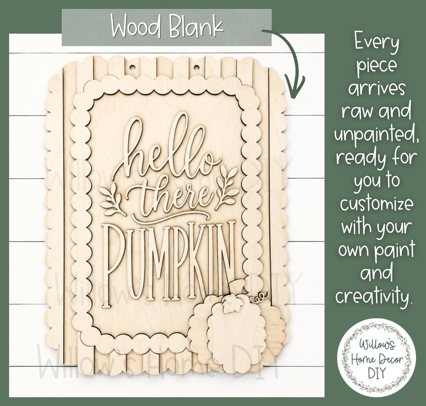 Hello There Pumpkin Door Hanger DIY Kit | Unfinished Wood Paint Your Own Porch Sign | Scalloped Sign