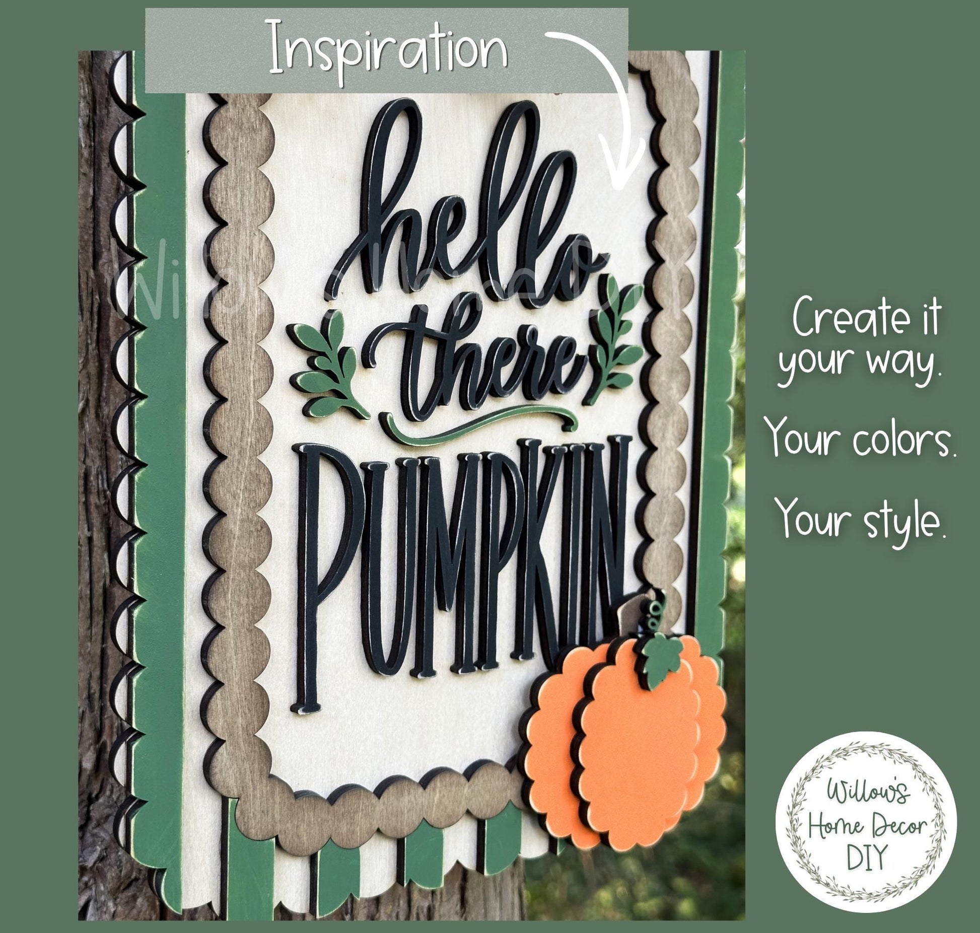Hello There Pumpkin Door Hanger DIY Kit | Unfinished Wood Paint Your Own Porch Sign | Scalloped Sign