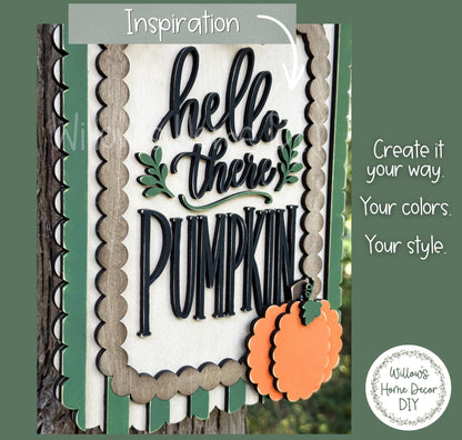 Hello There Pumpkin Door Hanger DIY Kit | Unfinished Wood Paint Your Own Porch Sign | Scalloped Sign