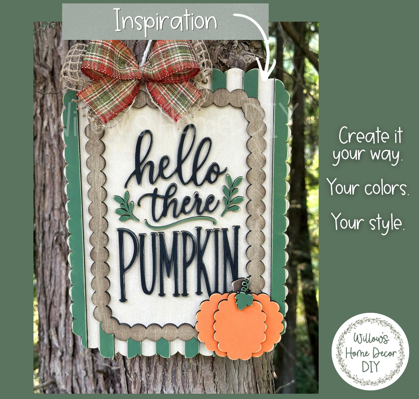Hello There Pumpkin Door Hanger DIY Kit | Unfinished Wood Paint Your Own Porch Sign | Scalloped Sign