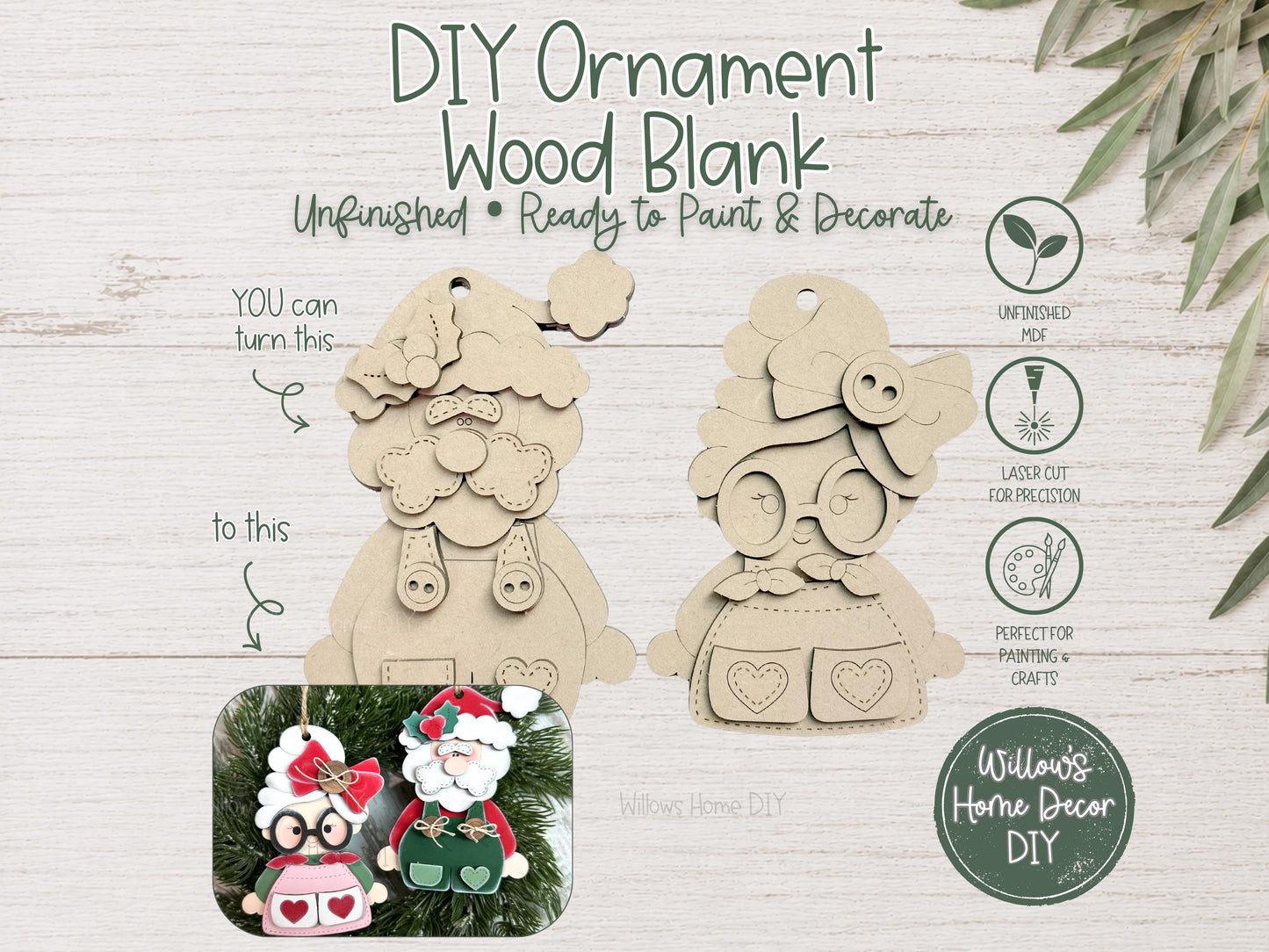 Santa & Mrs. Claus Ornament Wood Blank | DIY Unfinished Christmas Craft | Laser Cut MDF Craft Blank