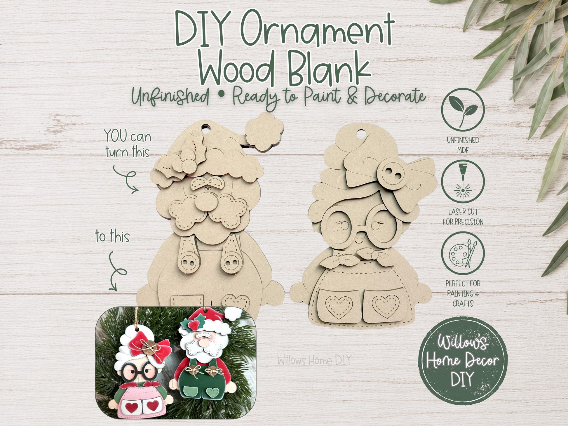Santa & Mrs. Claus Ornament Wood Blank | DIY Unfinished Christmas Craft | Laser Cut MDF Craft Blank