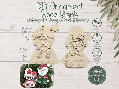 Santa & Mrs. Claus Ornament Wood Blank | DIY Unfinished Christmas Craft | Laser Cut MDF Craft Blank