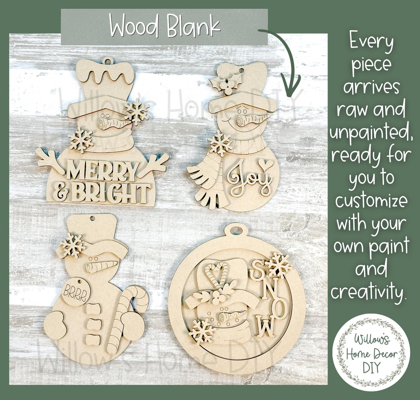 Snowman Ornament Wood Blank | DIY Unfinished Christmas Craft | Laser Cut MDF Craft Blank