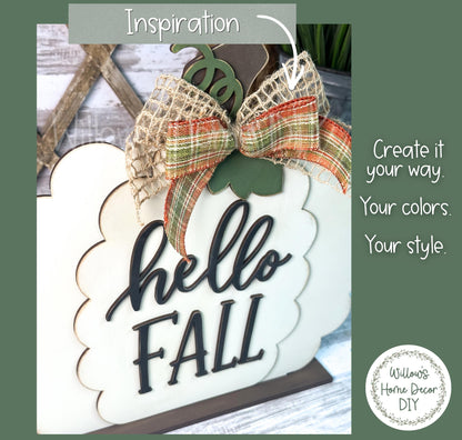 Hello Fall Pumpkin Shelf Sitter, Unfinished Wood Blank DIY Craft Kit, Scalloped Pumpkin Mantle Decor