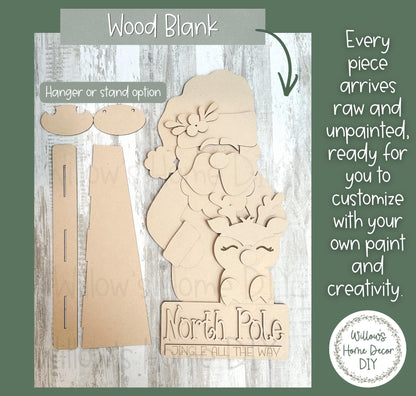 Santa and Reindeer Shelf Sitter DIY Kit | Unfinished North Pole Decor Wood Blank | Paint Your Own Sign | Farmhouse Mantle Decoration