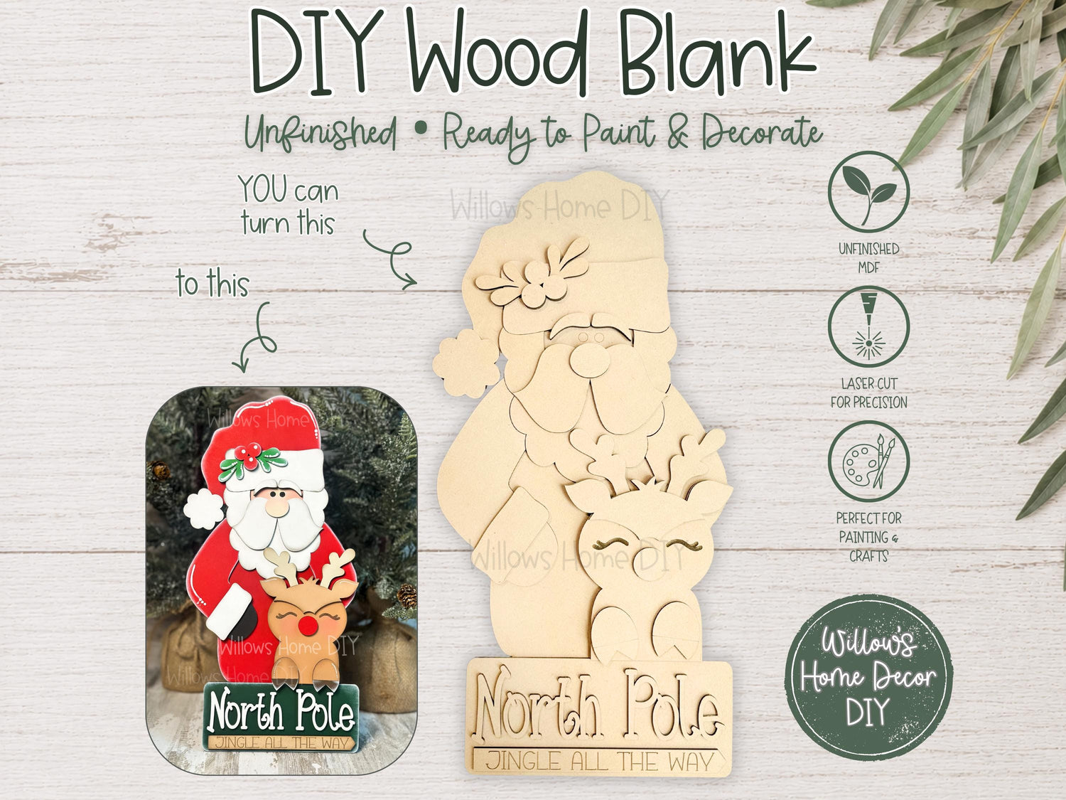 Santa and Reindeer Shelf Sitter DIY Kit | Unfinished North Pole Decor Wood Blank | Paint Your Own Sign | Farmhouse Mantle Decoration