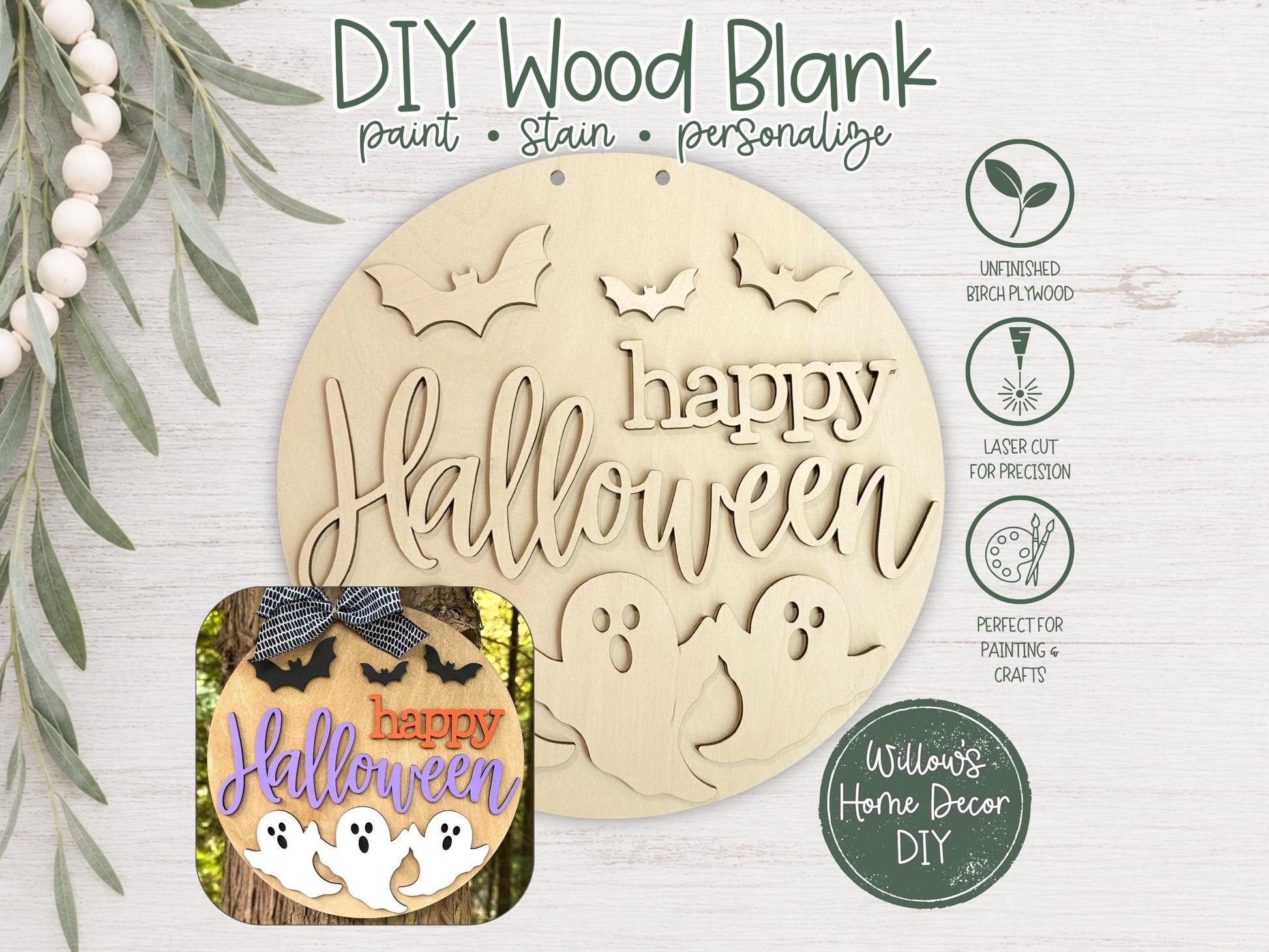 Happy Halloween Door Hanger DIY Kit, Ghost Sign, Unfinished Wood, Paint Your Own Porch Sign