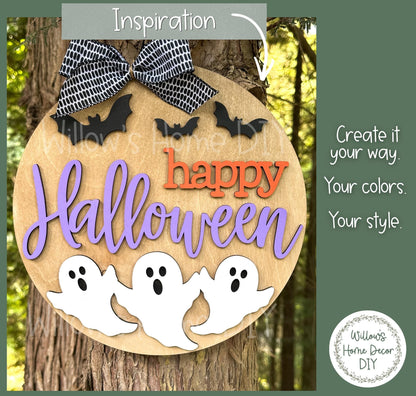 Happy Halloween Door Hanger DIY Kit, Ghost Sign, Unfinished Wood, Paint Your Own Porch Sign