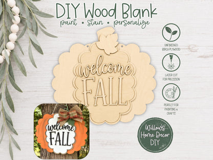 Welcome Fall Pumpkin Wood Door Hanger DIY Kit - Unfinished Wood Craft Kit - Fall Porch Decor - Paint Your Own - Adult Kid Craft Activity