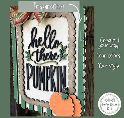 Hello There Pumpkin Door Hanger DIY Kit | Unfinished Wood Paint Your Own Porch Sign | Scalloped Sign