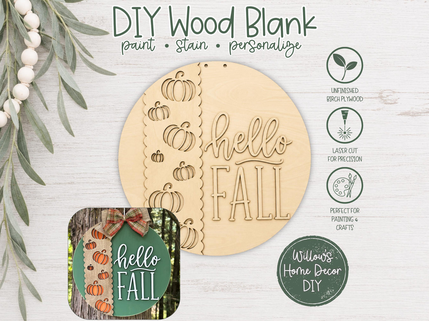 Fall Door Hanger DIY Kit, Unfinished Wood Blank to Paint, Pumpkin Porch Sign, Scalloped Wood Cutout, Fall Decor