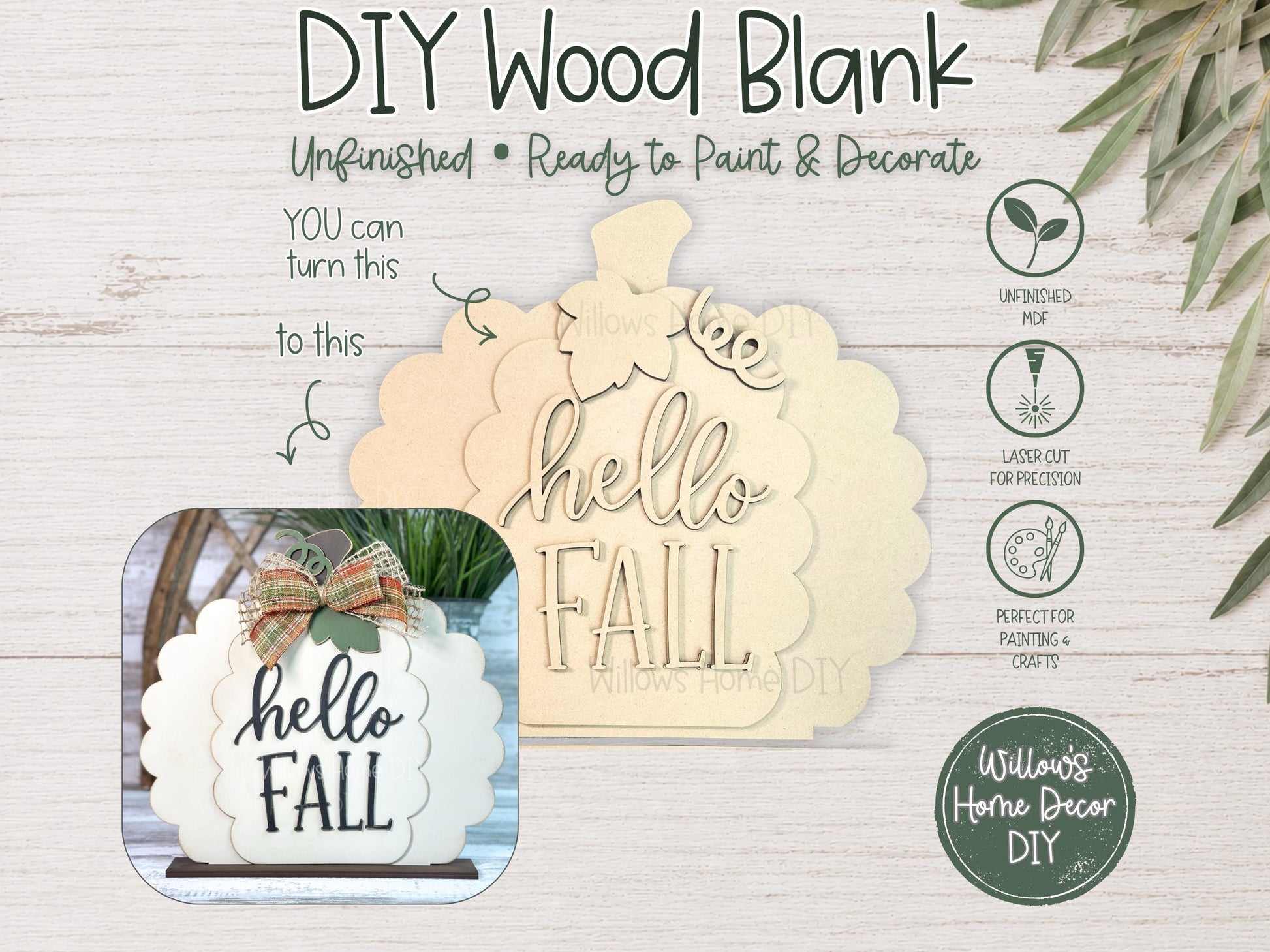 Hello Fall Pumpkin Shelf Sitter, Unfinished Wood Blank DIY Craft Kit, Scalloped Pumpkin Mantle Decor